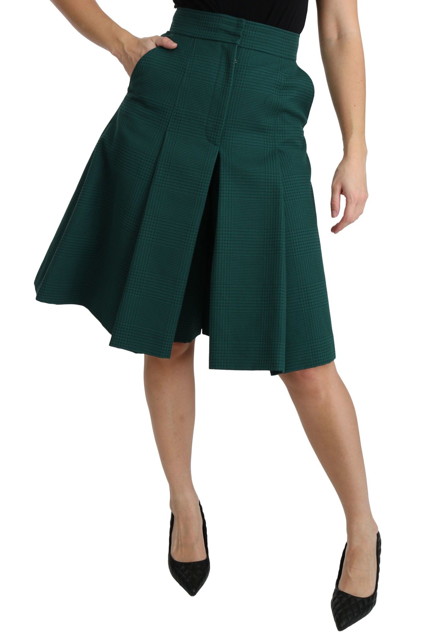 Dolce & Gabbana Green Pleated A-line High Waist Cotton Skirt