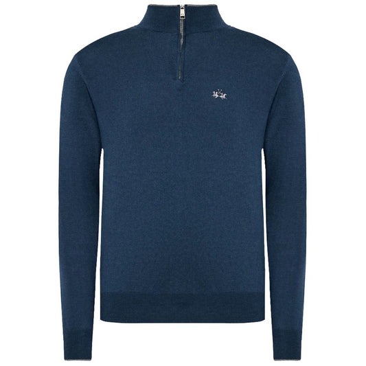La Martina Blue Wool Men Sweater with Half Zip Closure