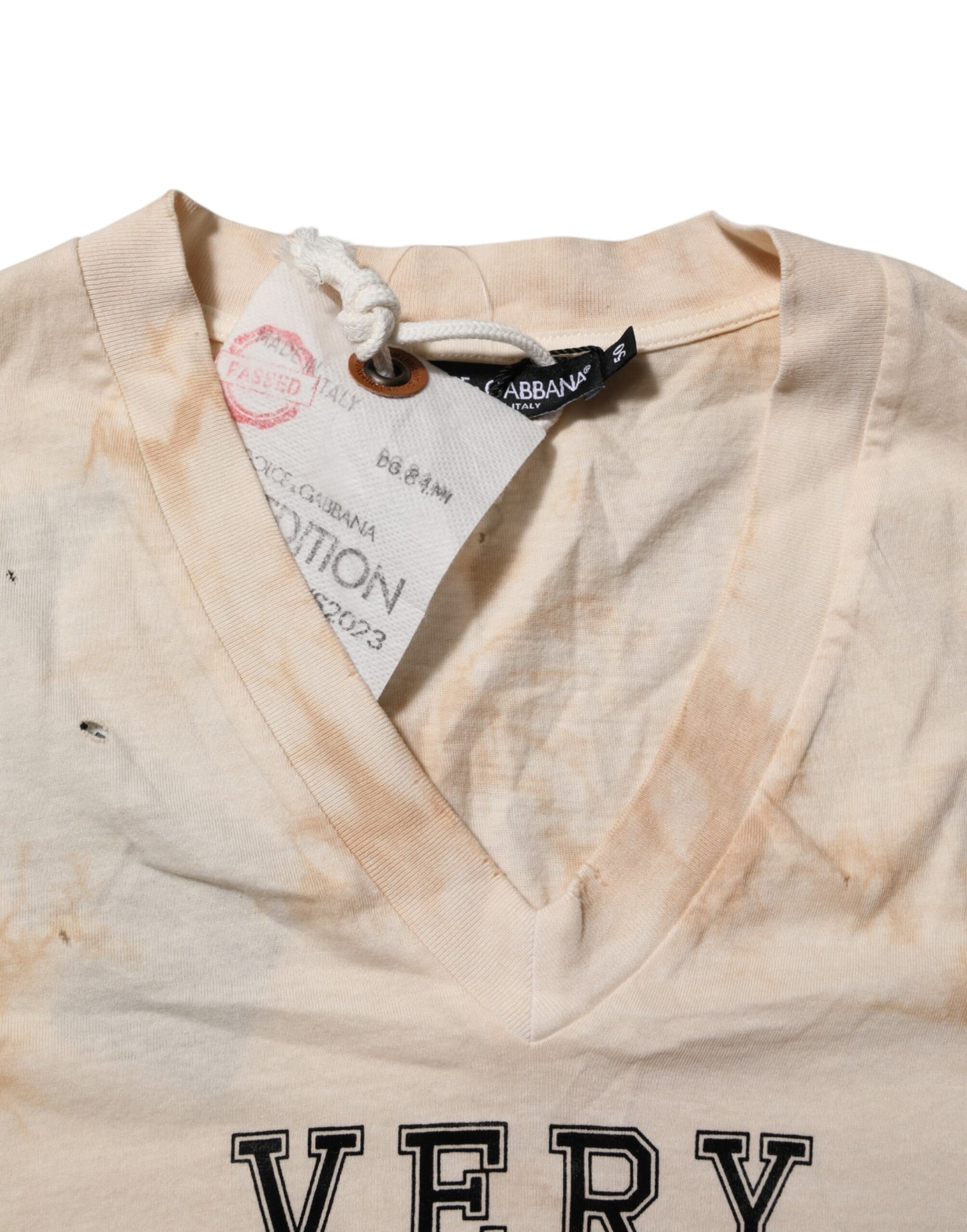 Dolce & Gabbana Beige Logo Print Short Sleeve V-neck T-shirt