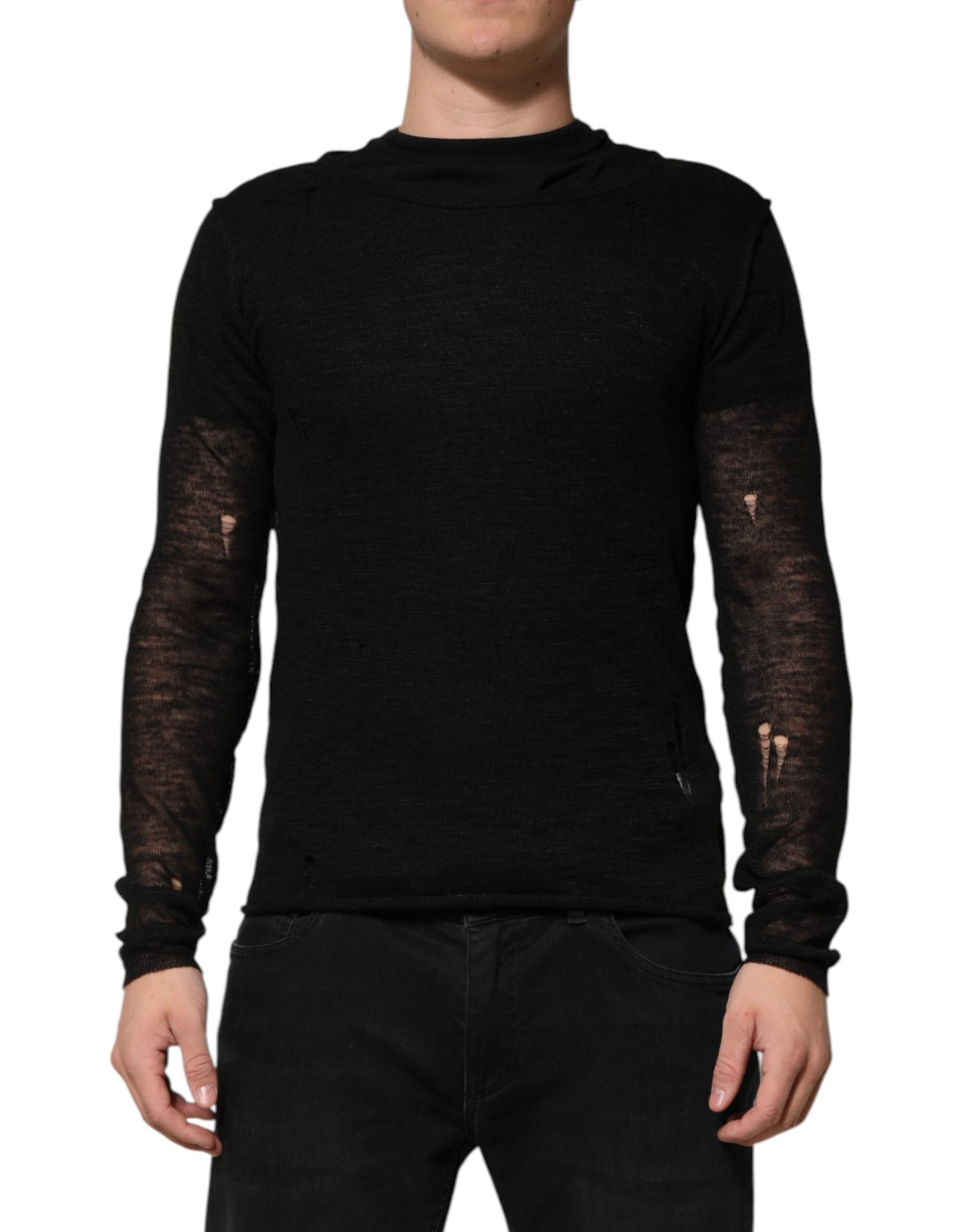 Dolce & Gabbana Black Linen Mesh Tattered Longsleeves T-shirt