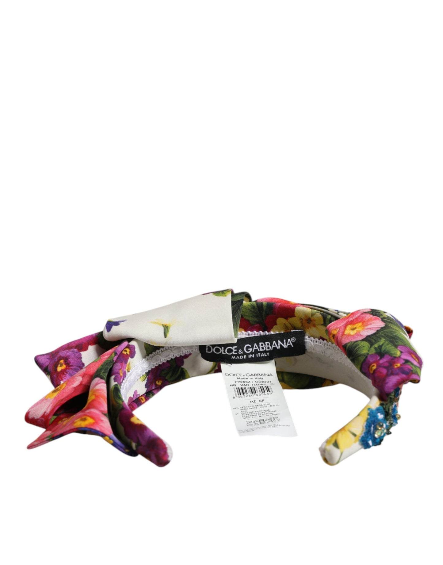 Dolce & Gabbana White Multicolor Floral Silk Bow Crystal Embellished Headband