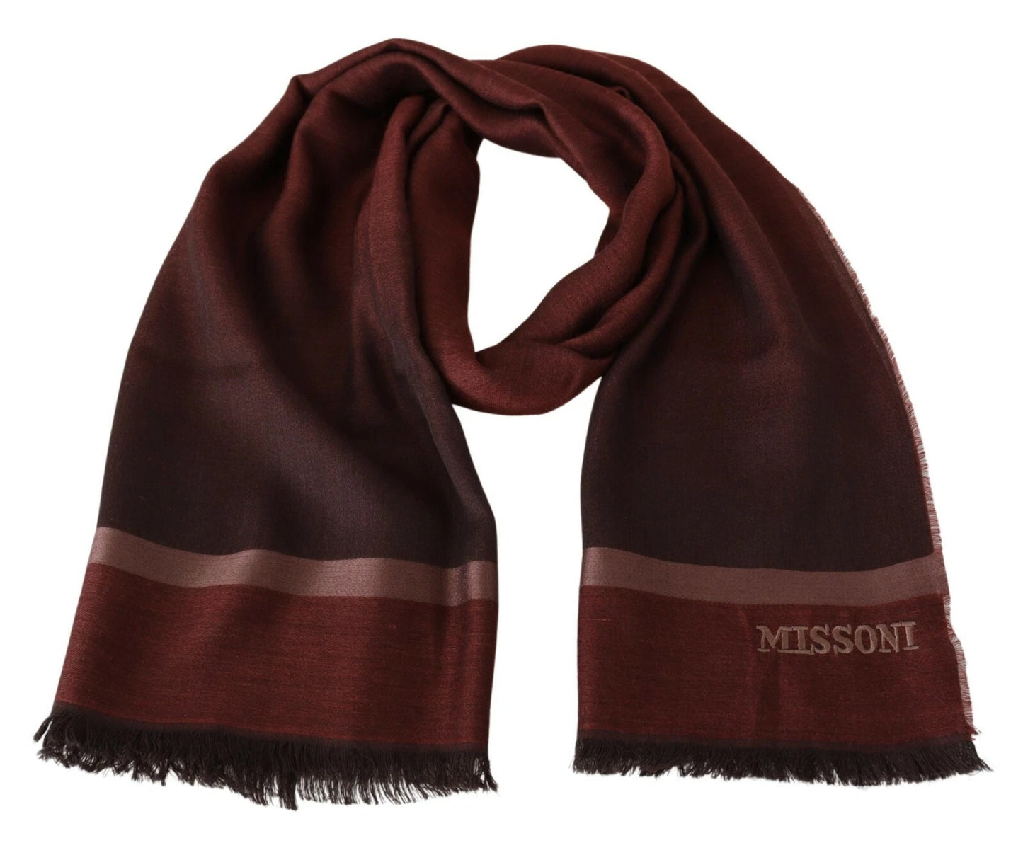 M Missoni Maroon Striped Wool Blend Unisex Wrap Fringes Scarf