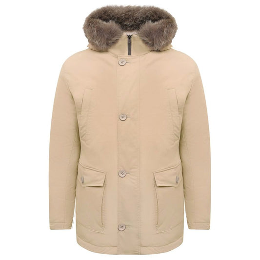 Herno Beige Nylon Men Jacket with Fur-Trimmed Hood