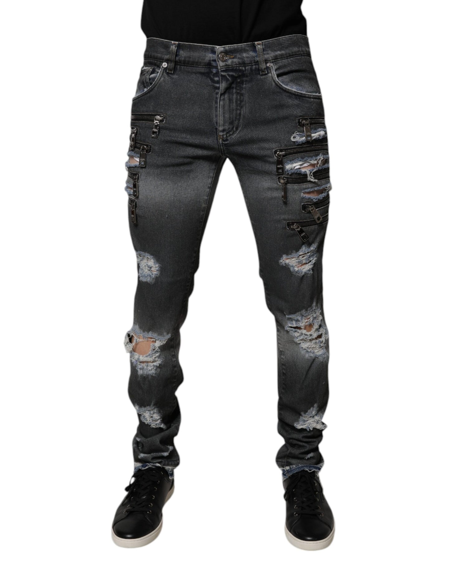 Dolce & Gabbana Dark Gray Tattered Cotton Skinny Denim Jeans