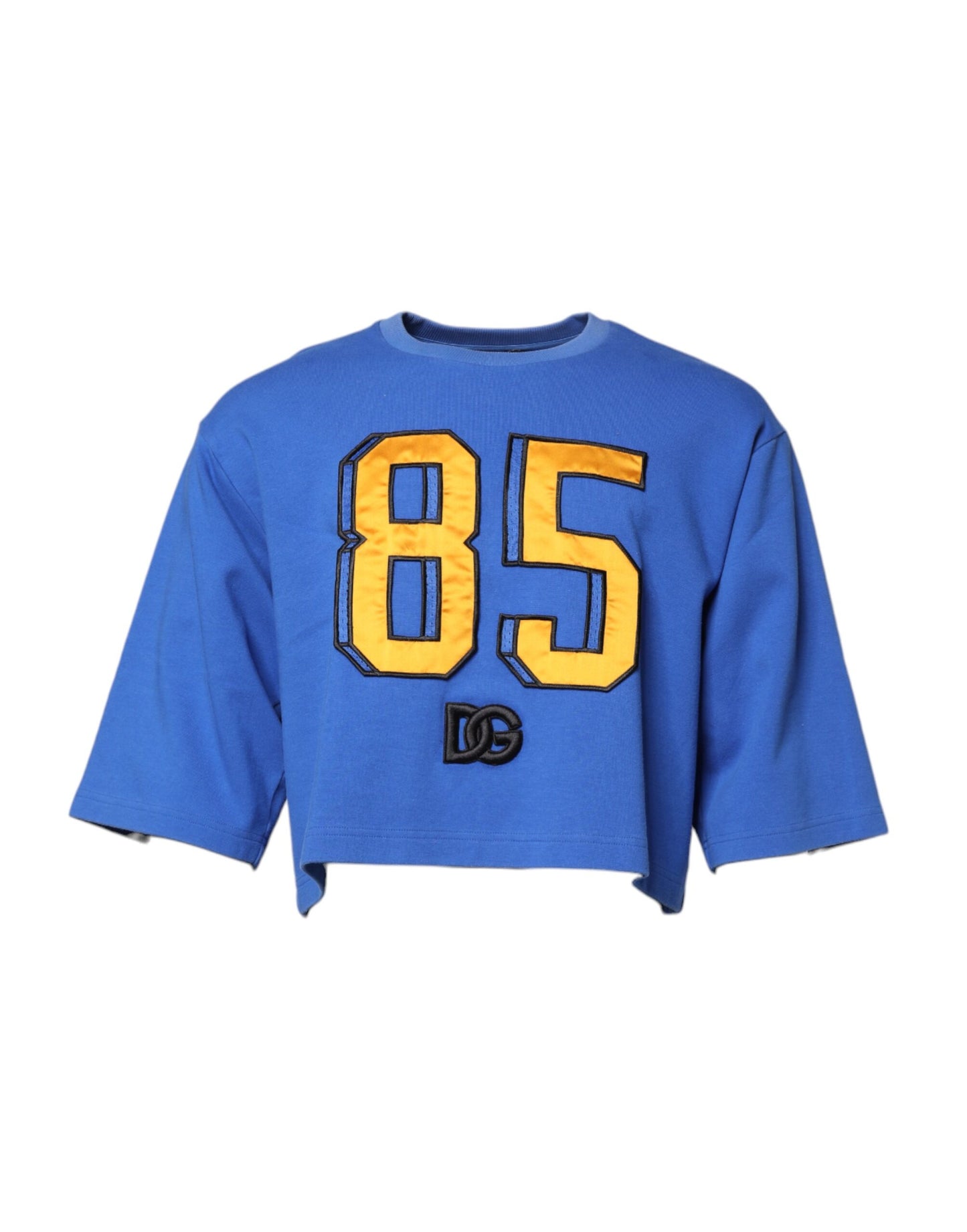 Dolce & Gabbana Blue Printed Cotton Cropped Crew Neck T-shirt
