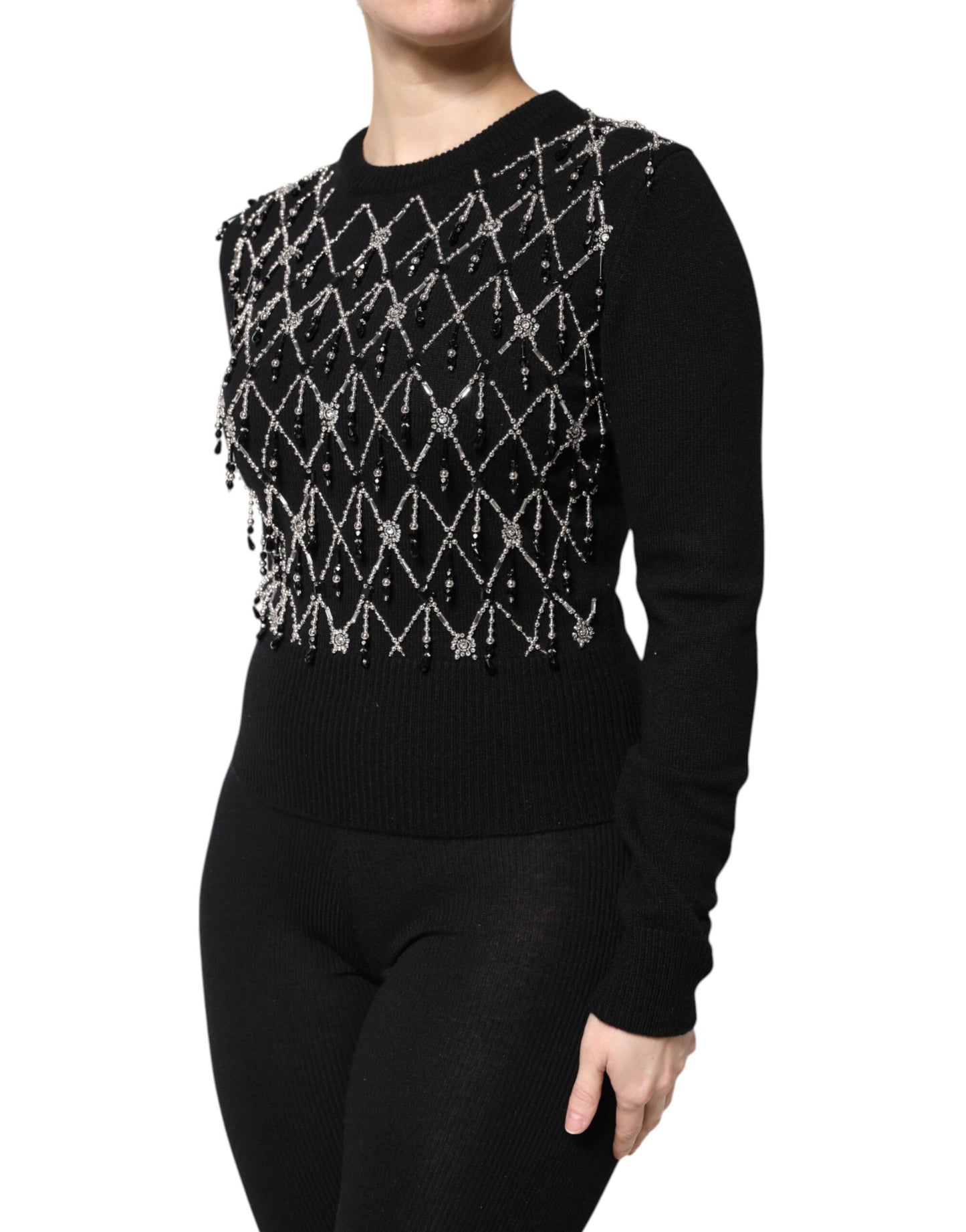 Dolce & Gabbana Black Cashmere Embellished Long Sleeves Top