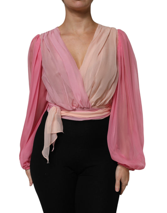 Dolce & Gabbana Pink Plunging V-neck Long Sleeves Blouse Top