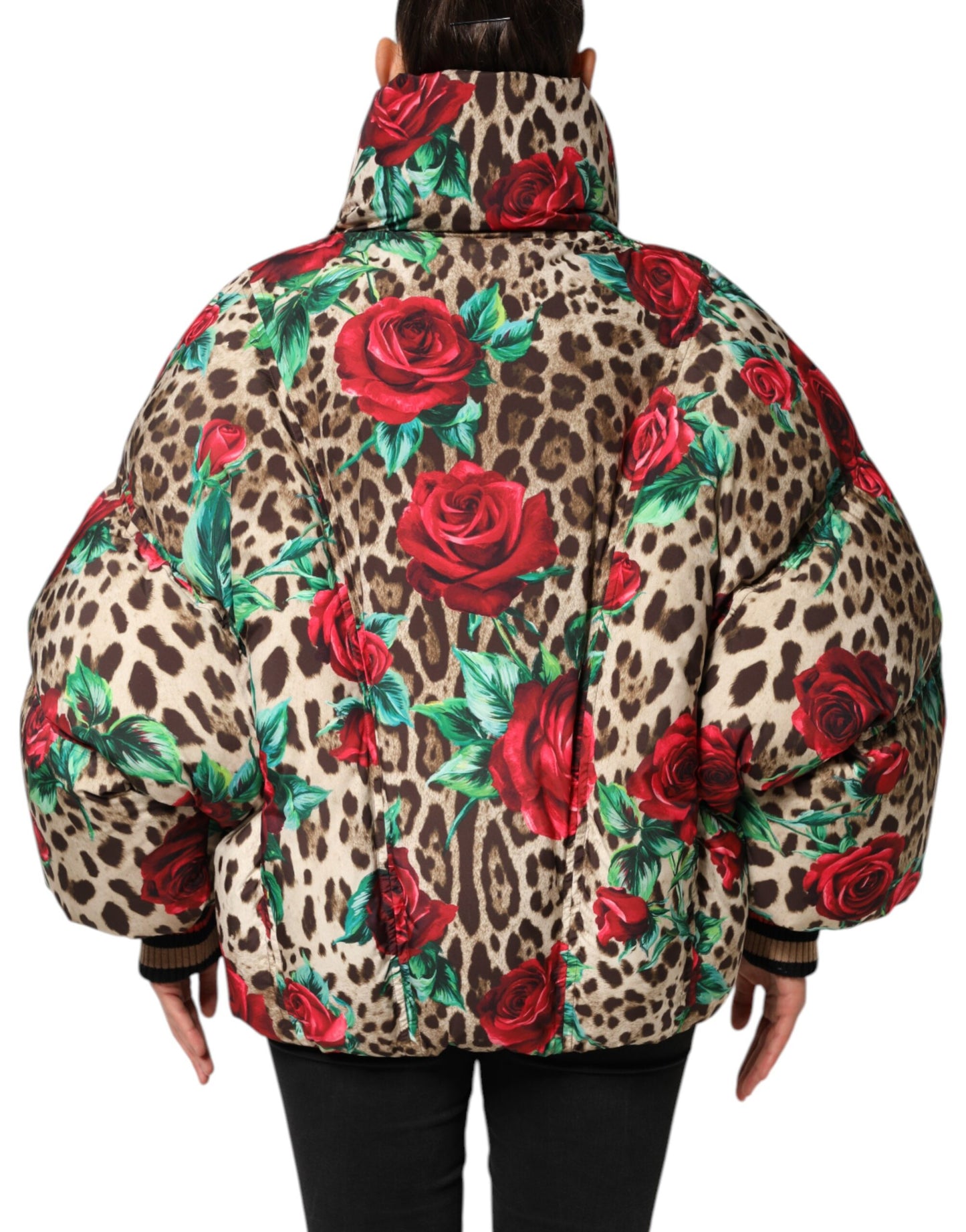 Dolce & Gabbana Multicolor Leopard Rose Puffer Quilted Jacket