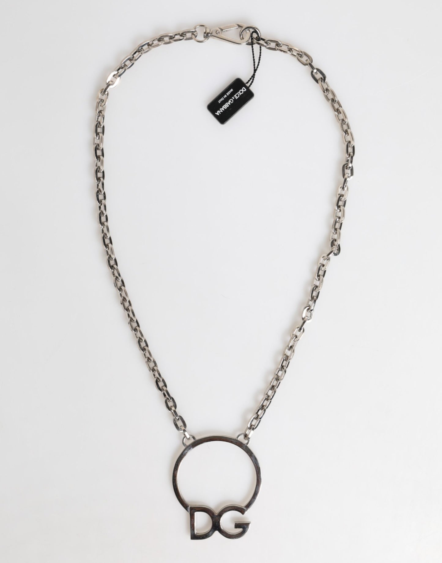 Dolce & Gabbana Silver Tone Brass Chain DG Logo Pendant Men Necklace