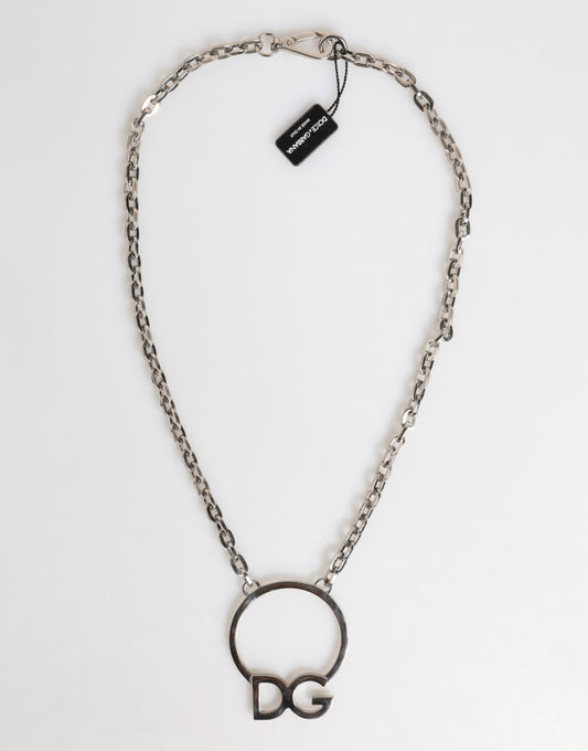 Dolce & Gabbana Silver Tone Brass Chain DG Logo Pendant Men Necklace