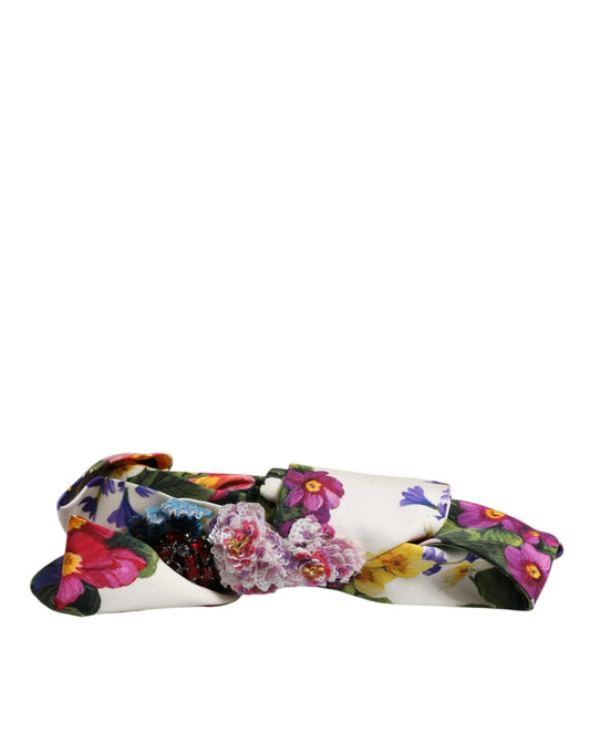 Dolce & Gabbana White Multicolor Floral Silk Bow Crystal Embellished Headband