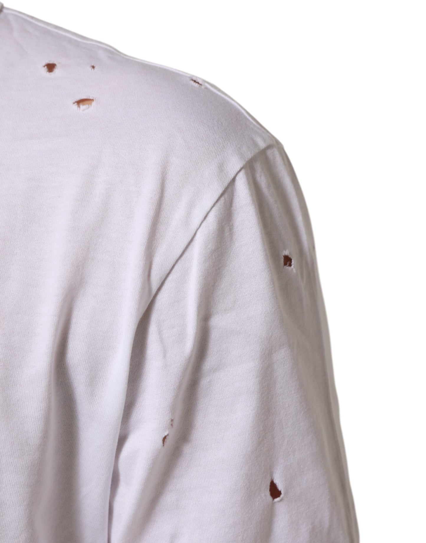 Dolce & Gabbana White Distressed Cotton V Neck Men T-shirt