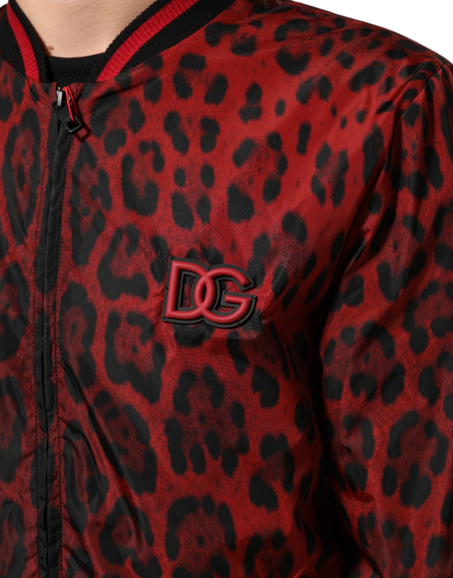 Dolce & Gabbana Red Leopard Print Full Zip Bomber Men Jacket
