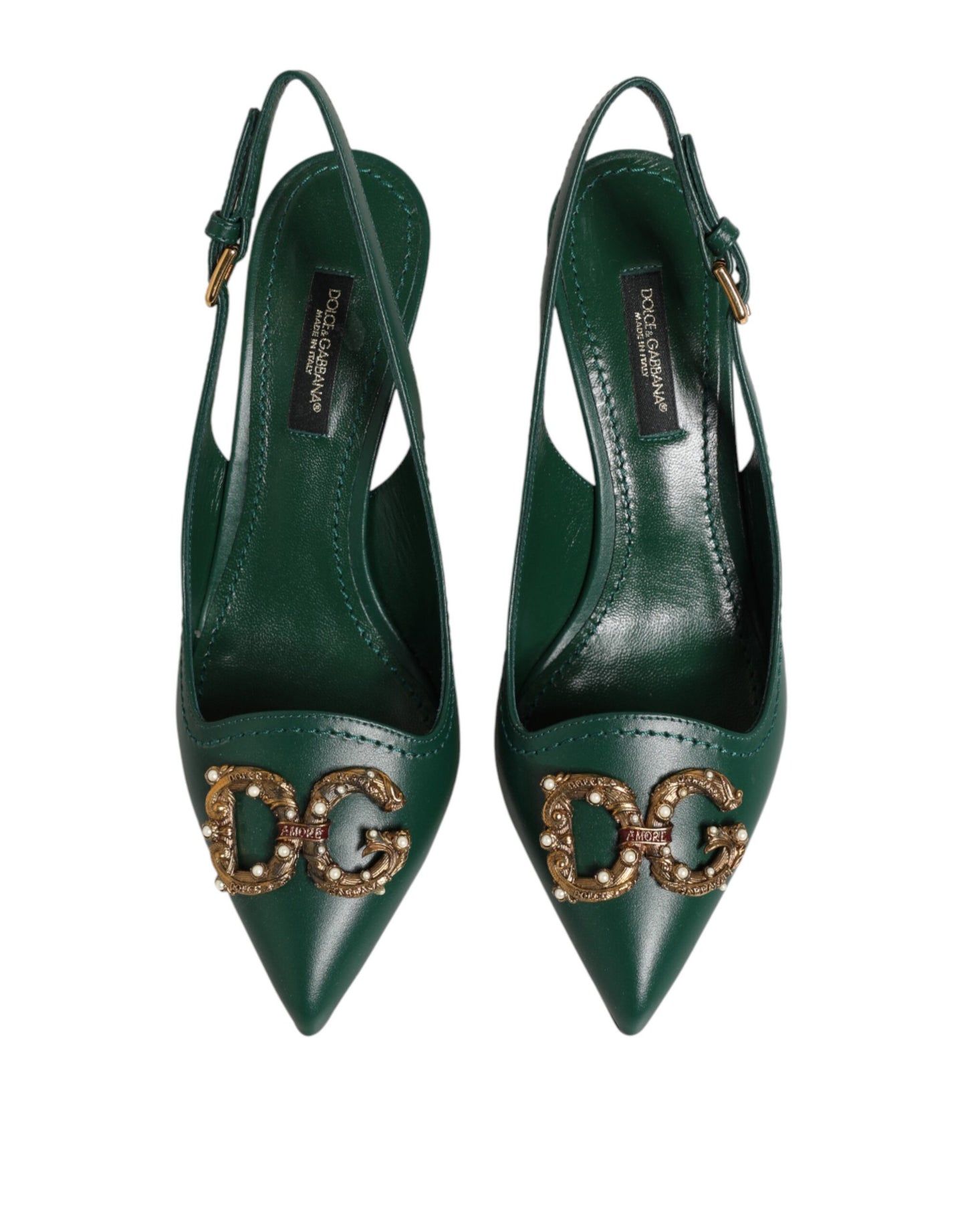 Dolce & Gabbana Green Leather AMORE Heels Slingbacks Shoes
